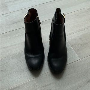 black leather & suede booties with gold buckle